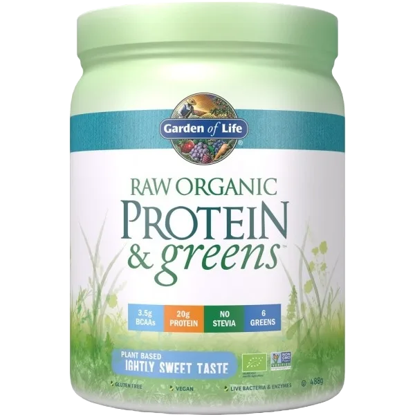 A tub of Garden of Life Raw Organic Protein powder with a bowl of raw vegetables beside it.