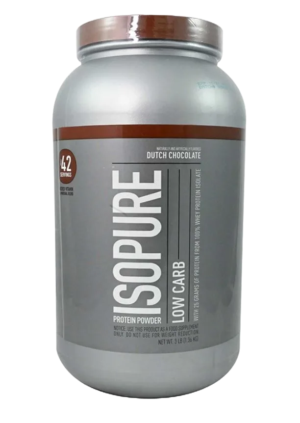 A tub of Isopure Zero Carb protein powder next to a shaker bottle.