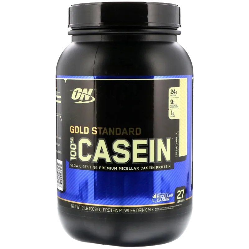 A tub of Optimum Nutrition Gold Standard Casein next to a scoop and shaker.