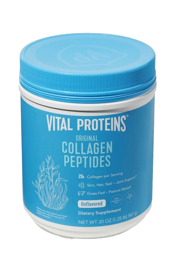 A blue tub of Vital Proteins Collagen Peptides with a glass of water and a spoon.