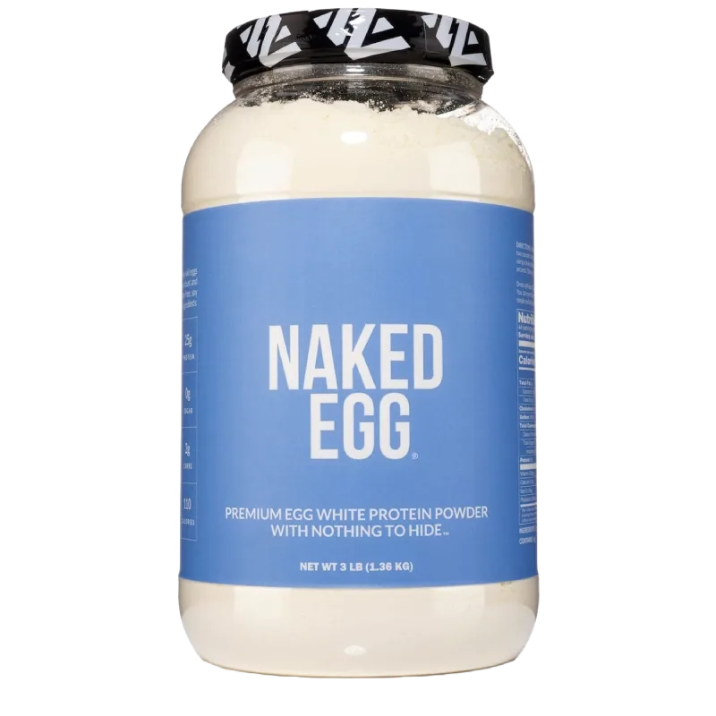 A container of Naked Egg White Protein with raw eggs and a shaker bottle.