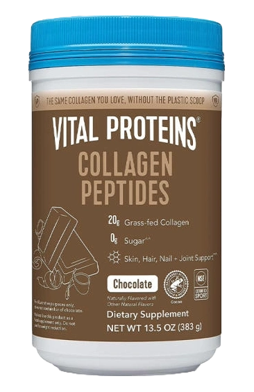 Alt text: A blue tub of Vital Proteins Collagen Peptides next to a glass of water with a spoon.