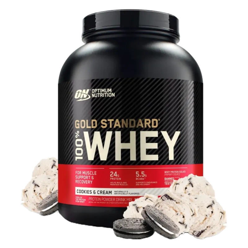 A tub of Optimum Nutrition Gold Standard Whey protein with a scoop beside it.